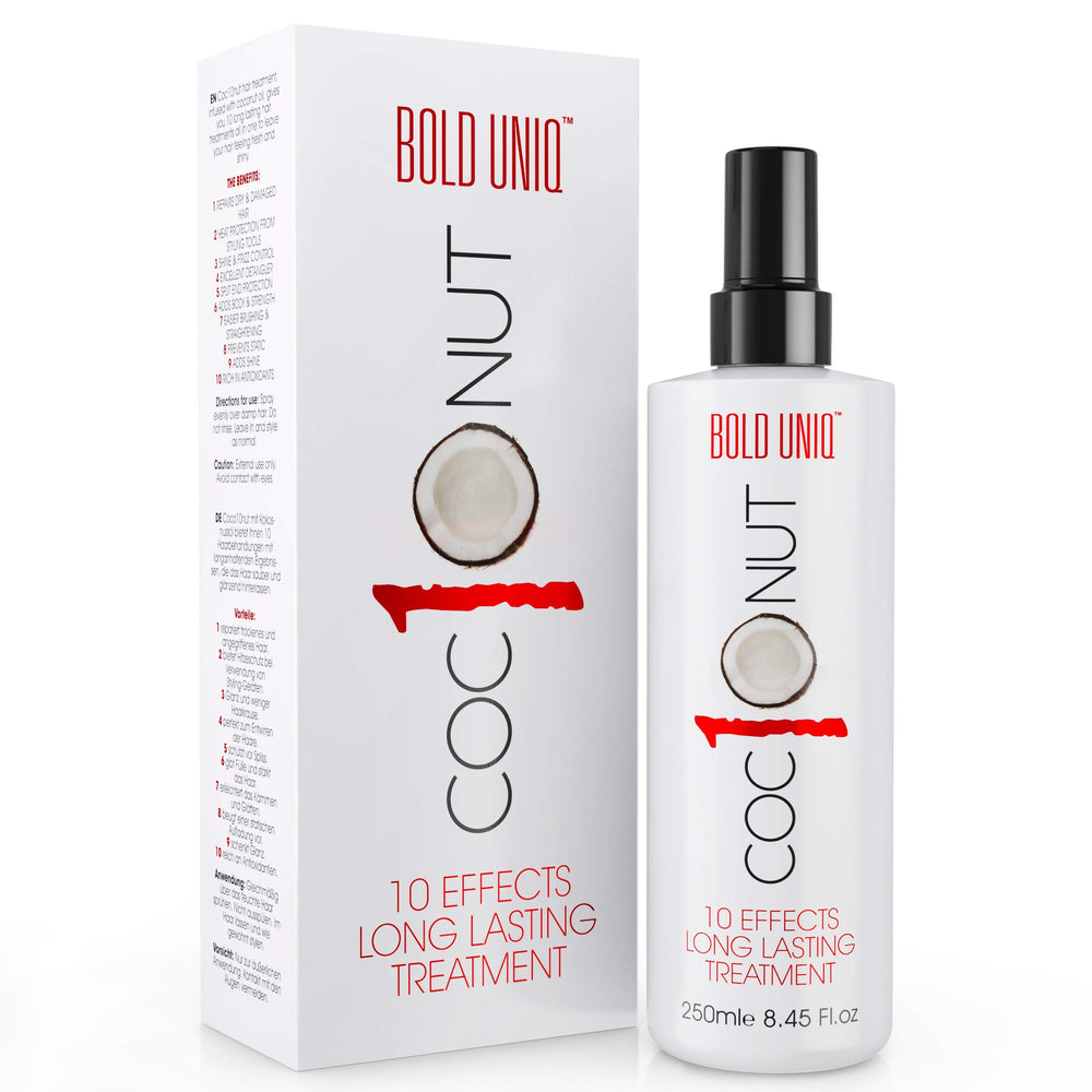 Bold Uniq Spray Térmico de Coco, botella frontal, protege del calor y reduce frizz