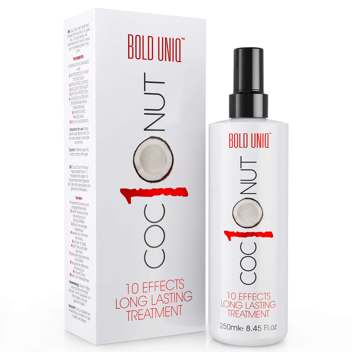 Bold Uniq Spray Térmico de Coco, botella frontal, protege del calor y reduce frizz