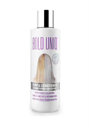 Condicionador púrpura Bolduniq para rubio: neutraliza el amarillo y aporta brillo.