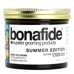 Bona Fide Pomade Verano Edición en bote de 4 oz, fijación duradera y brillo.