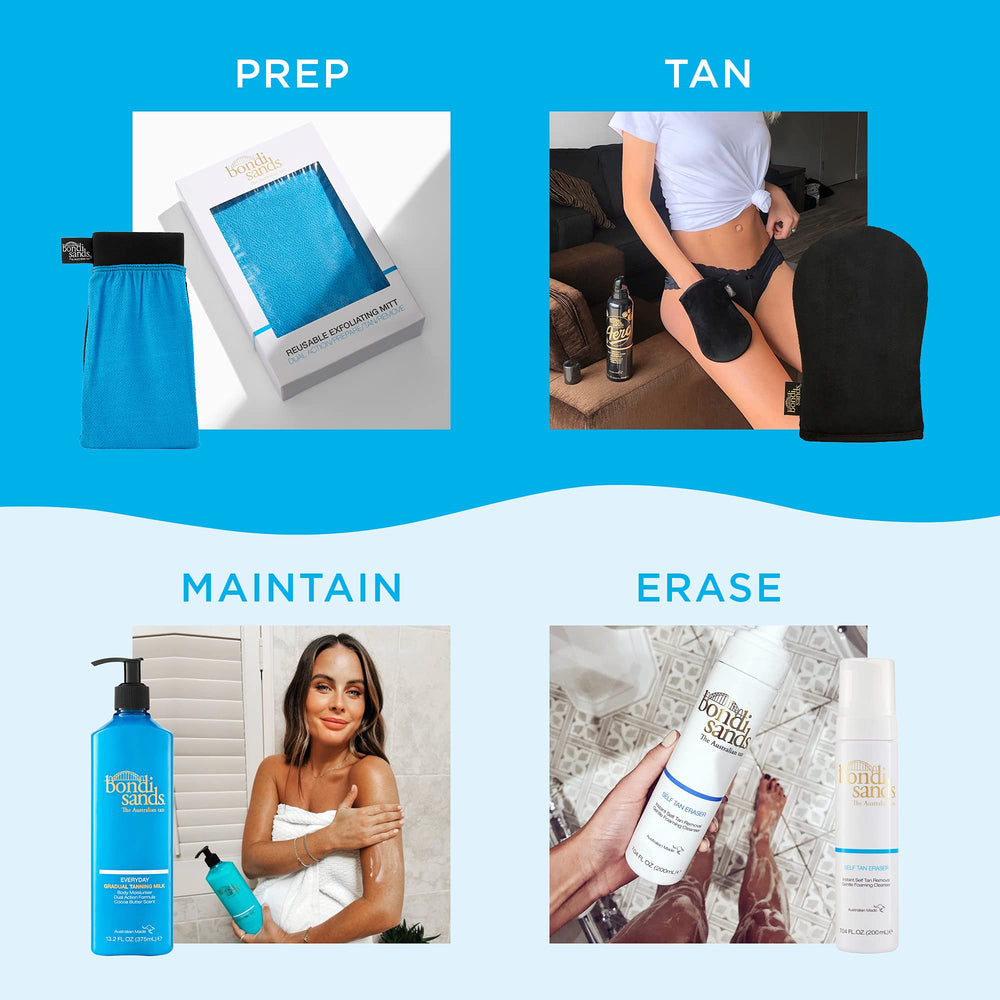 Bondi Sands guante exfoliante, lado azul, quita el bronceado no deseado.