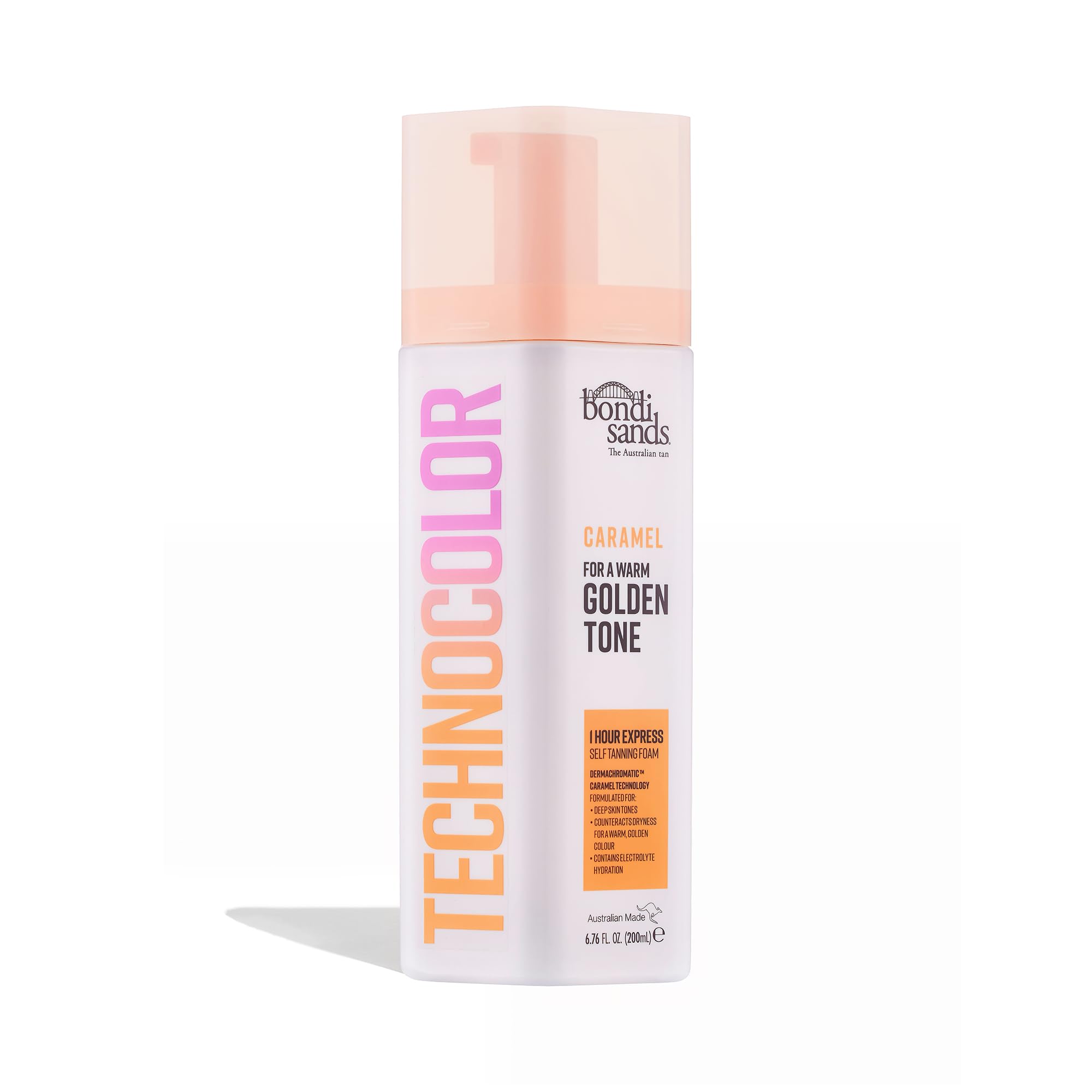 Bondi Sands Technocolor Caramel, botella frontal, para una aplicación uniforme y fácil.