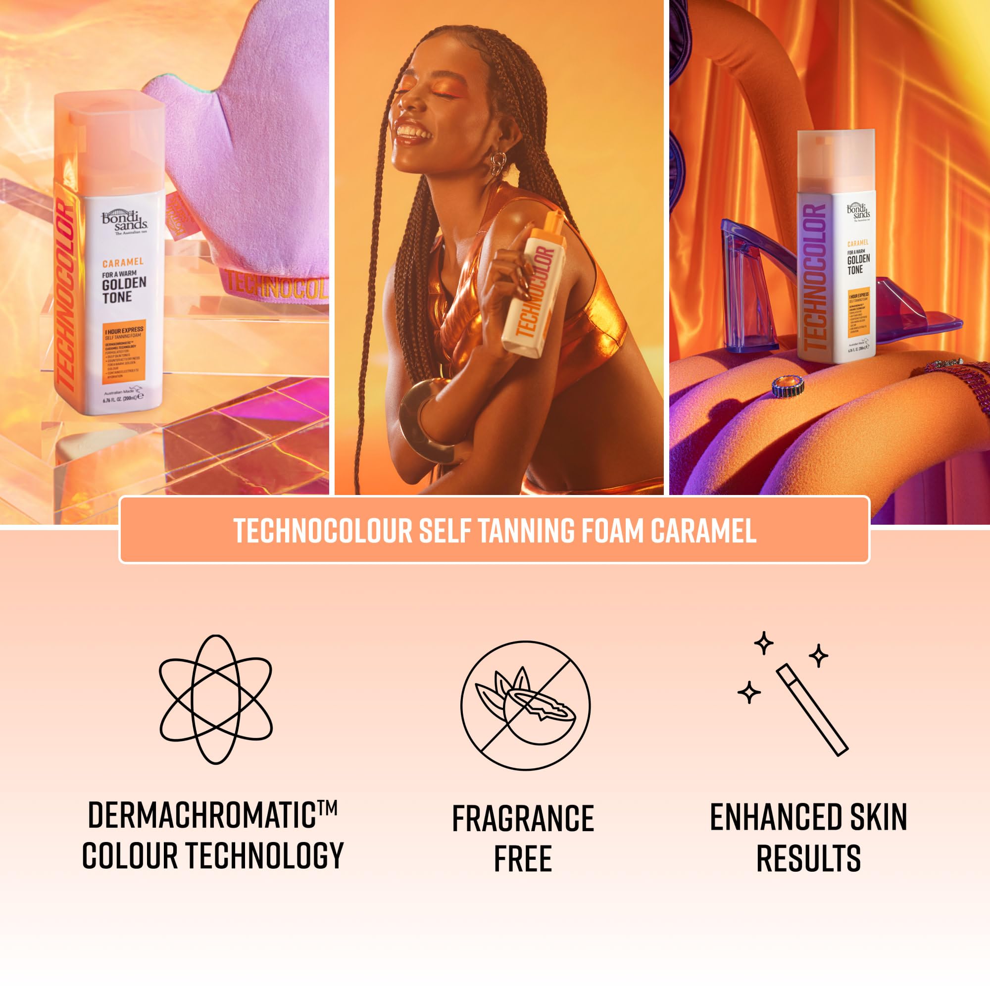Bondi Sands Technocolor Caramel, espuma exprés de 1 hora para un desarrollo rápido.