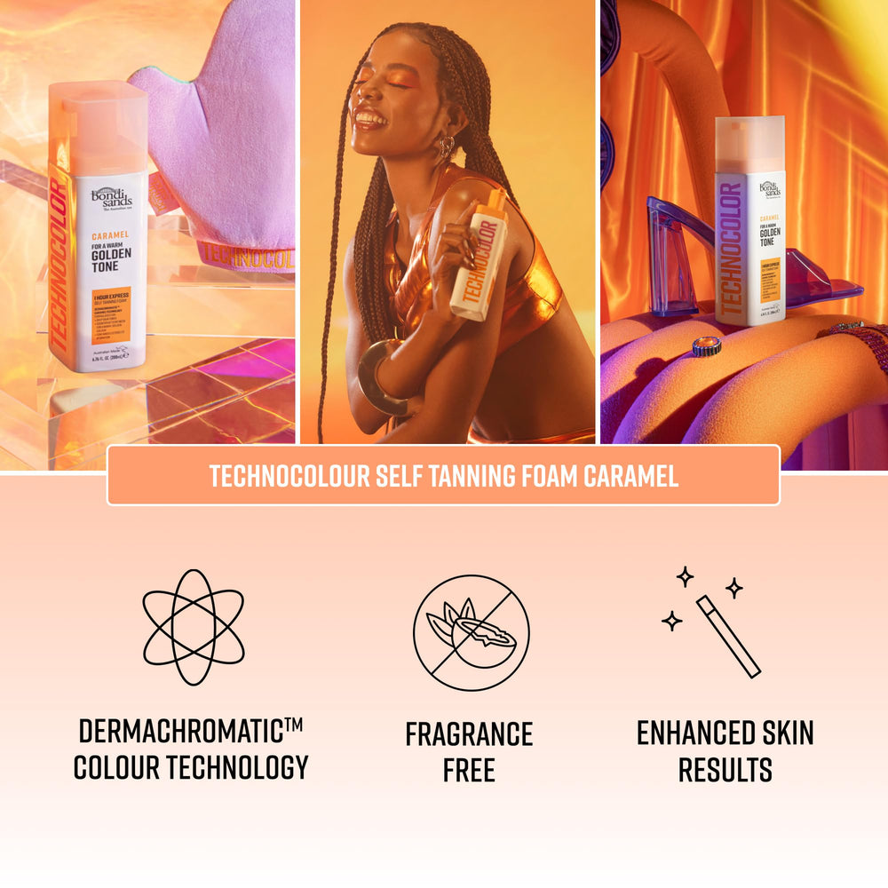 Bondi Sands Technocolor Caramel, espuma exprés de 1 hora para un desarrollo rápido.
