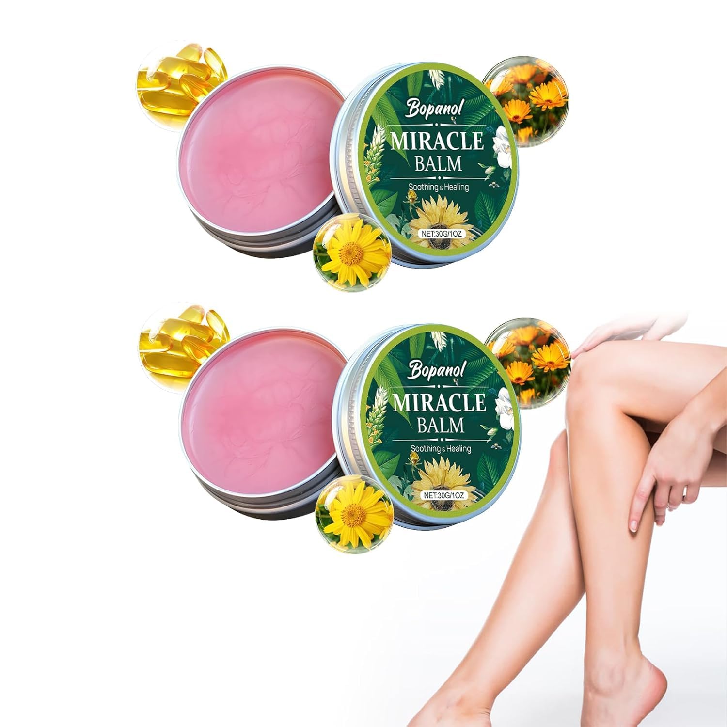 Bopanol Miracle Balm frasco frontal muestra crema suave para piernas