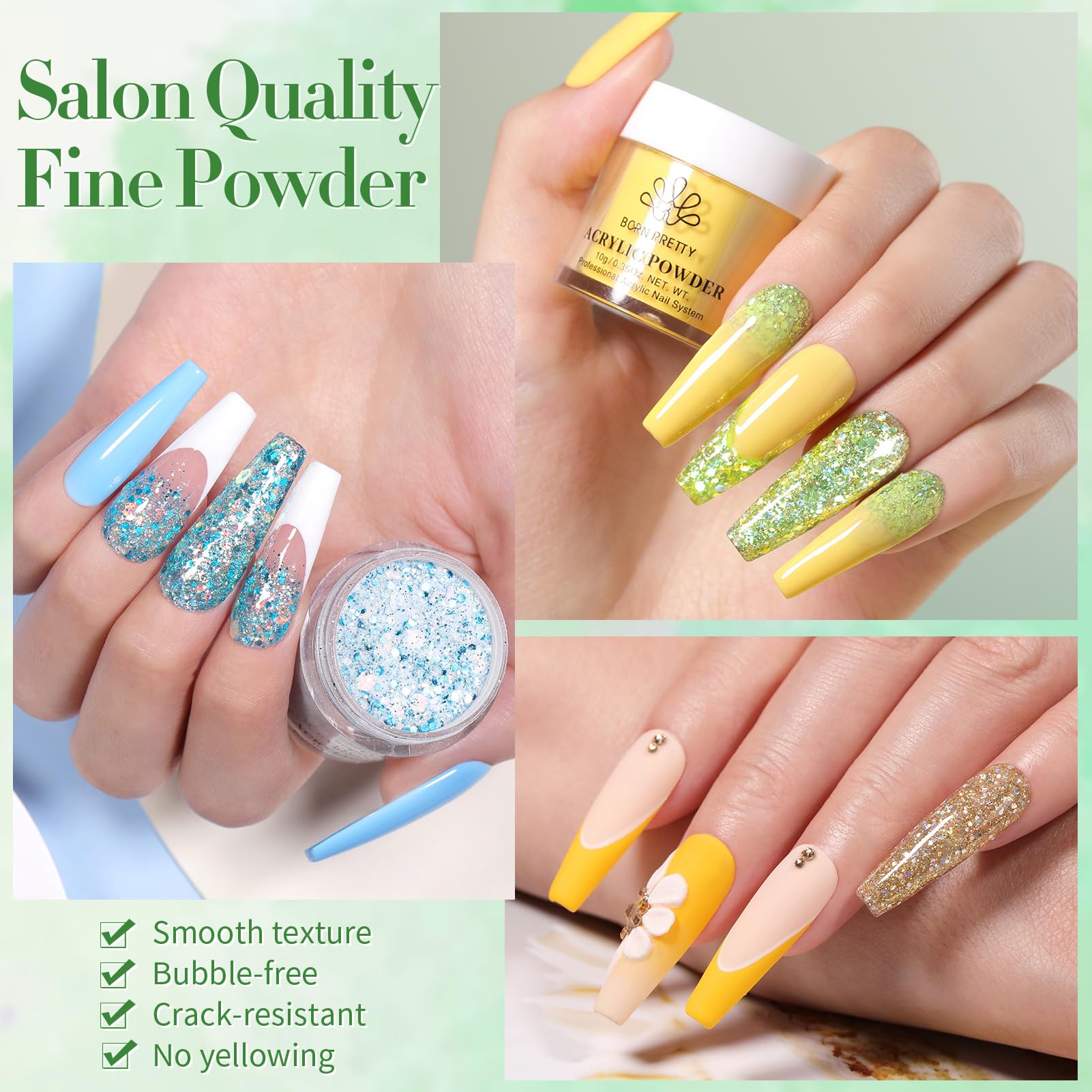 Born Pretty verde fresco, ofrece acabado estable para uñas creativas.