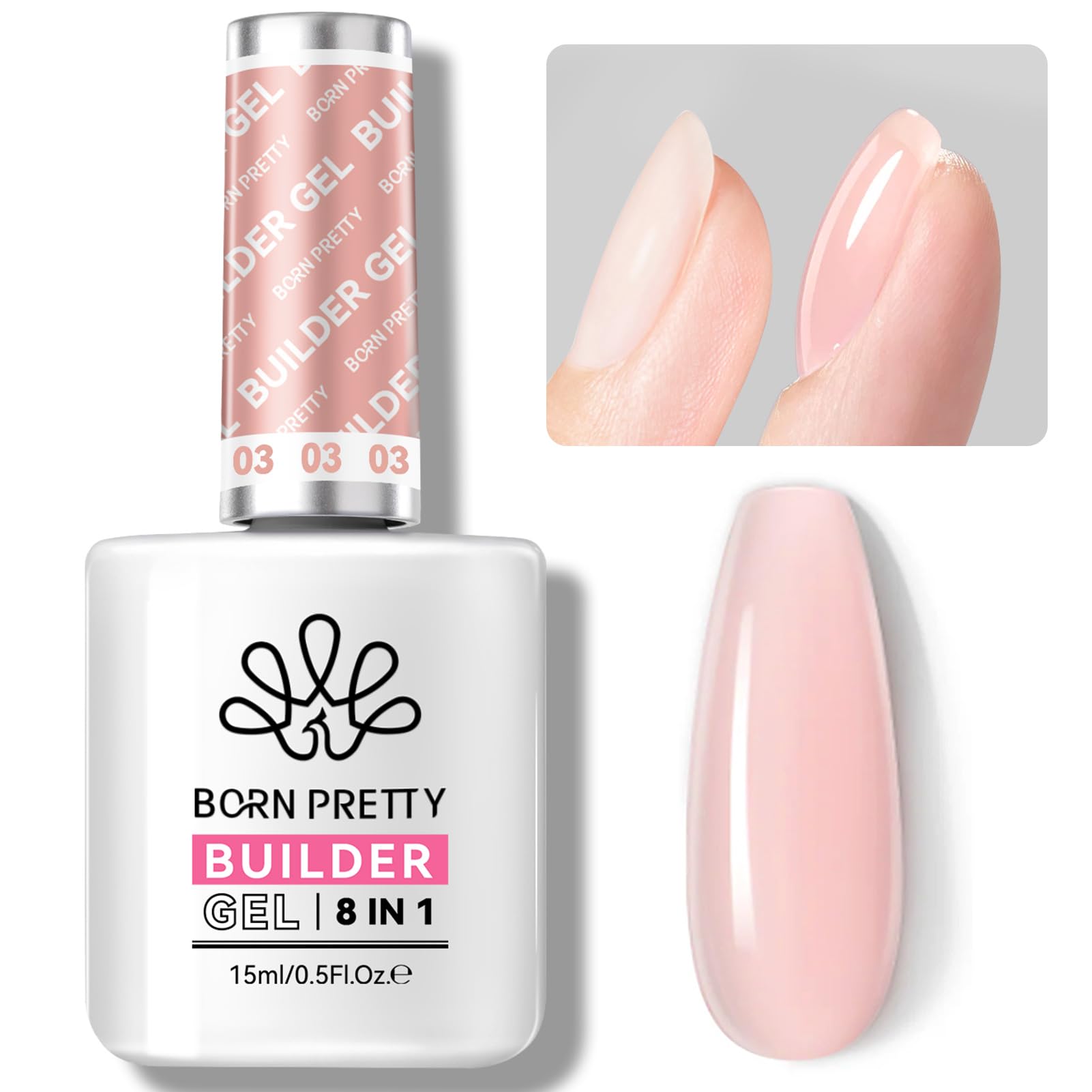 Botella rosa de Born Pretty Builder Gel para uñas con brillo y color.