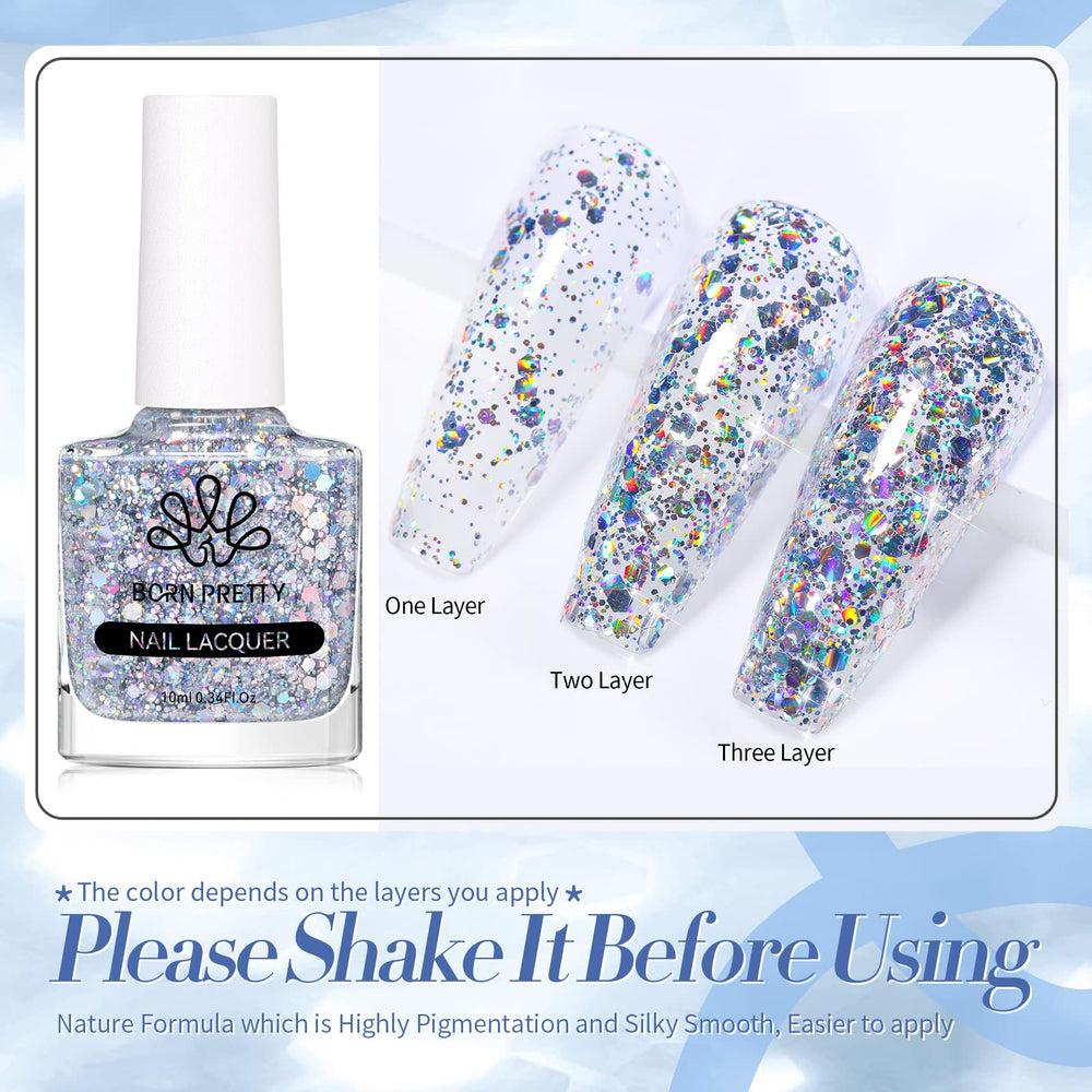 Destellos plateados del esmalte Born Pretty varían con la luz.