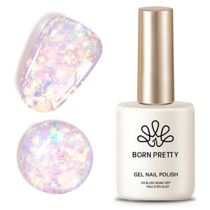 Born Pretty esmalte gel glitter rosa en botella con brillo intenso.