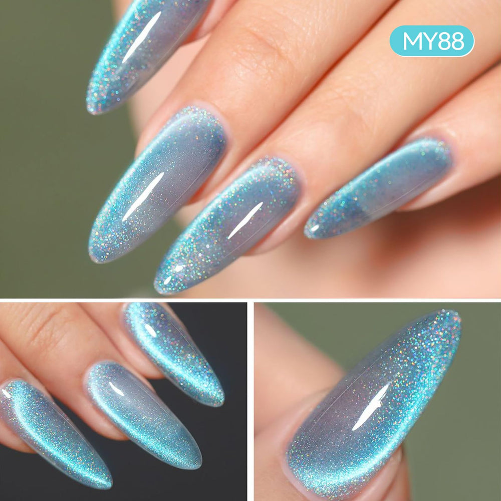 Born Pretty Esmalte Gel Ojos de Gato Azul con arcoíris holográfico para brillo.