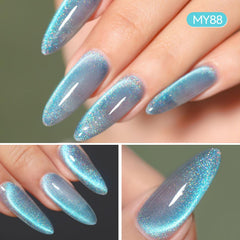 Born Pretty Esmalte Gel Ojos de Gato Azul con arcoíris holográfico para brillo.