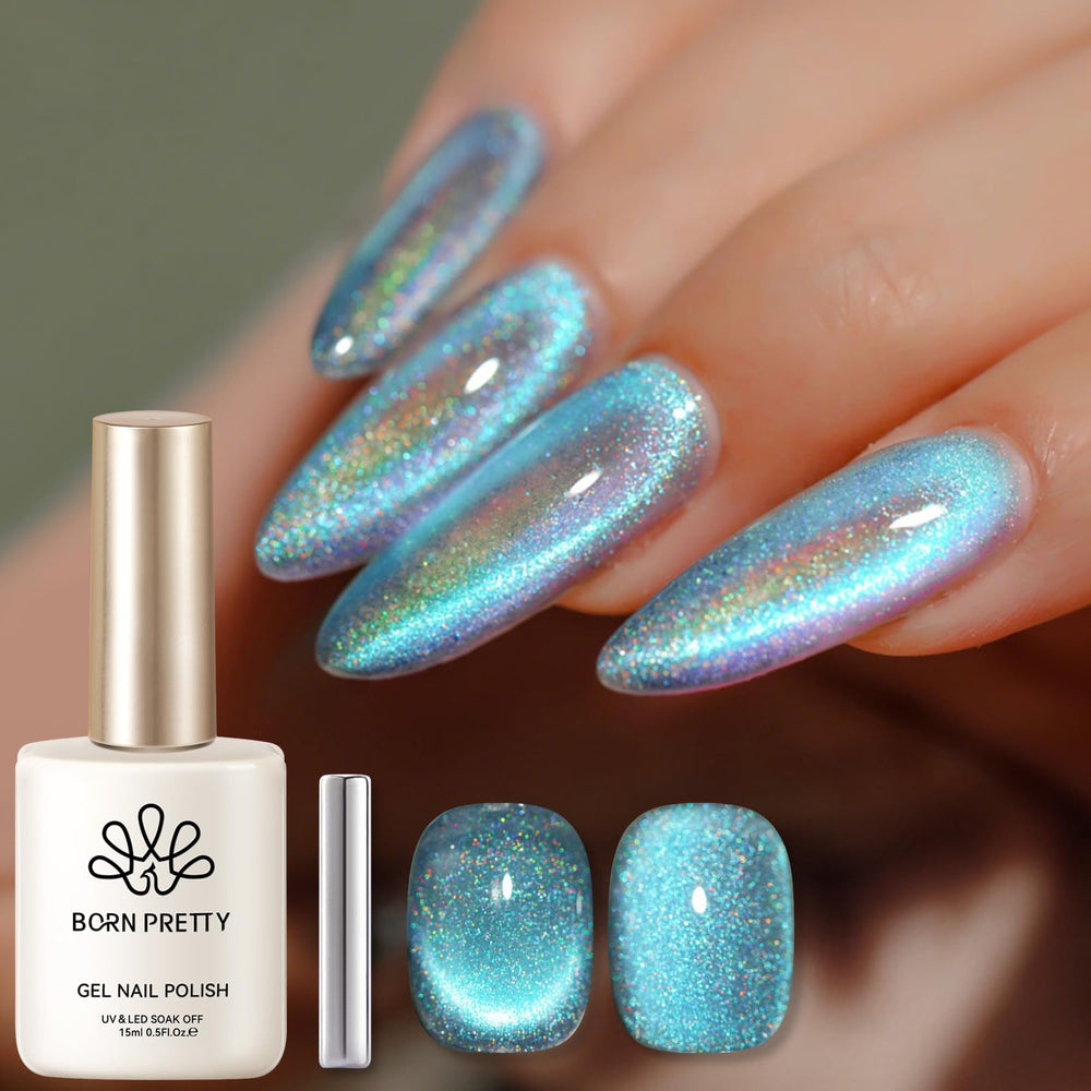 Born Pretty Esmalte Gel Ojos de Gato Azul en botella para manicuras impactantes.