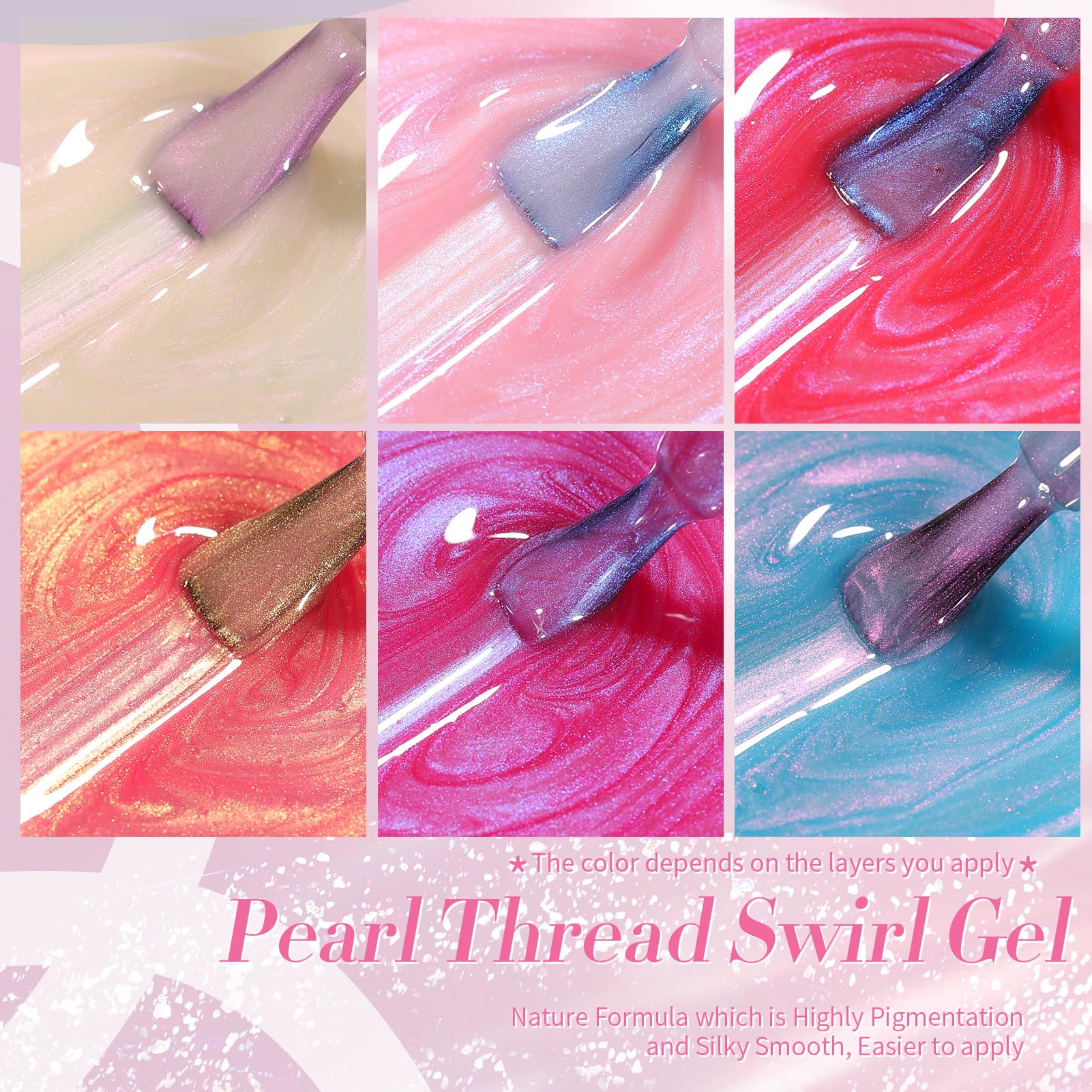 Born Pretty Esmalte Gel Perla Aurora, primer plano del efecto espiral de concha e hilo.