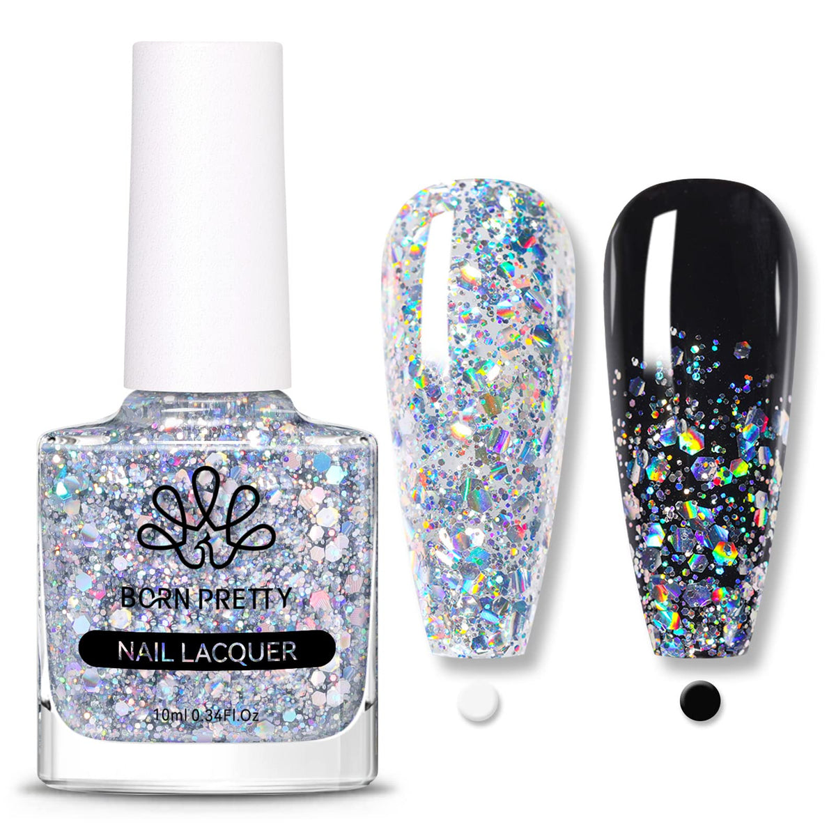 Born Pretty esmalte holográfico plateado en botella, brillo intenso para uñas.