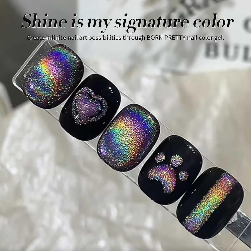 Born Pretty gel brillo holográfico, efecto ojo de gato visible en uñas.