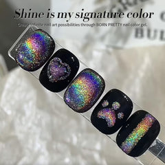 Born Pretty gel brillo holográfico, efecto ojo de gato visible en uñas.