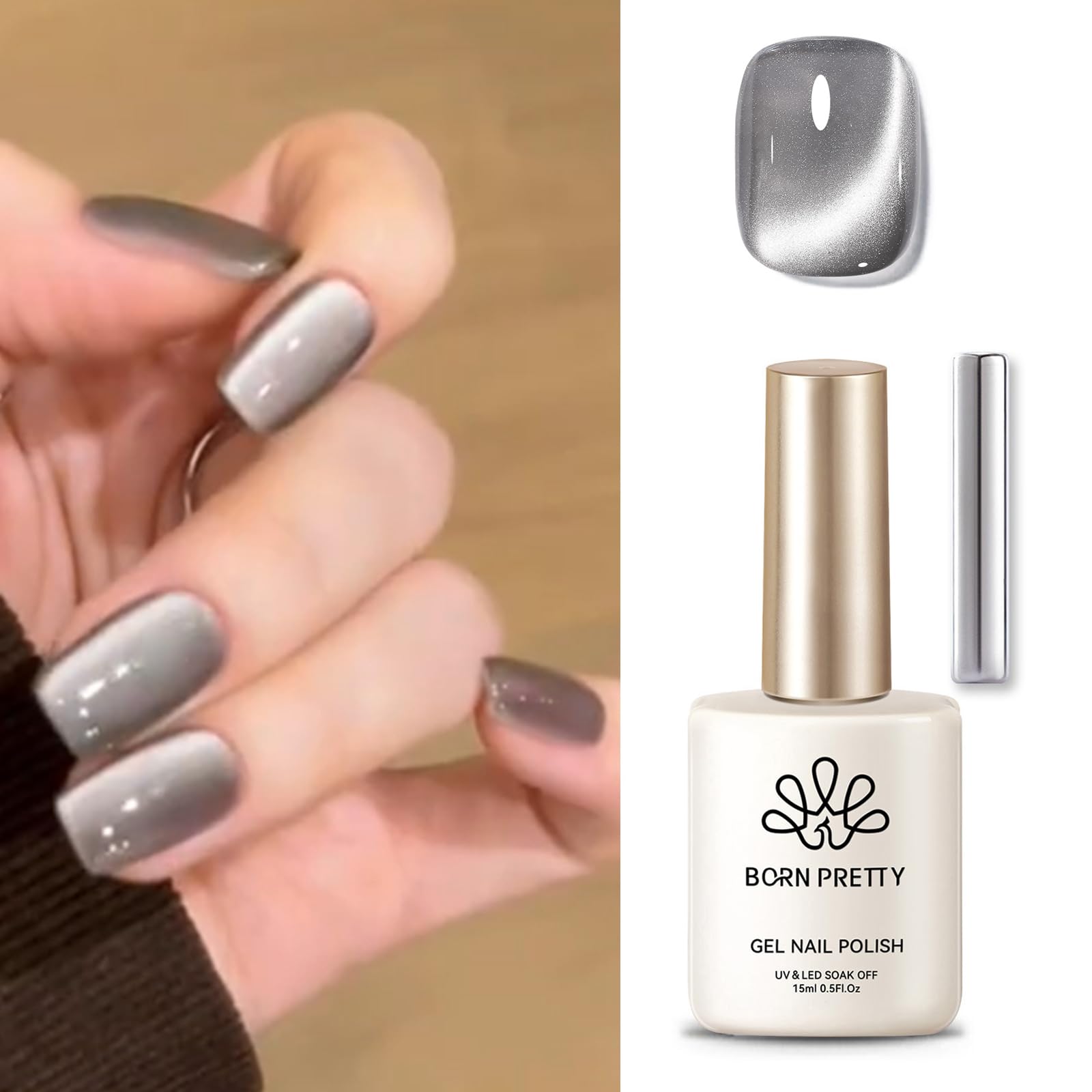 Born Pretty Gel imantado para uñas, efecto ojo de gato gris luna y brillo duradero
