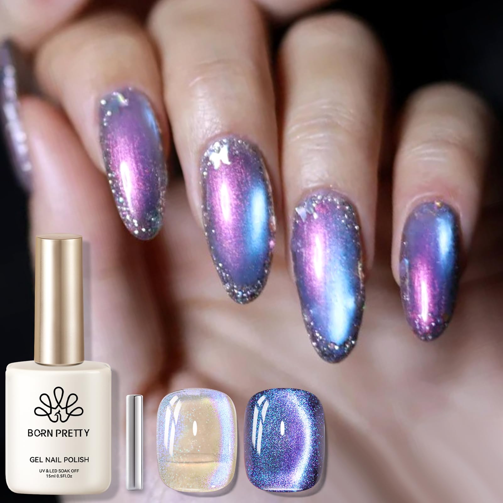 Gel magnético morado de Born Pretty, frasco de 15 ml con brillo duradero y efecto ojo de gato.