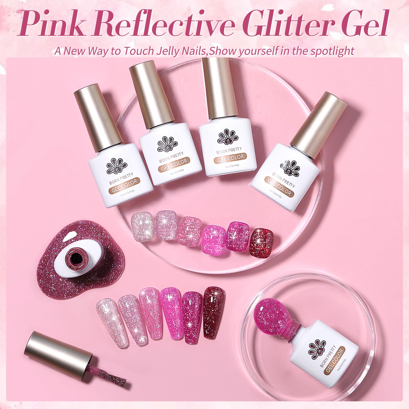 Born Pretty gel rosa reflectante, intensidad de color con iluminación adecuada.