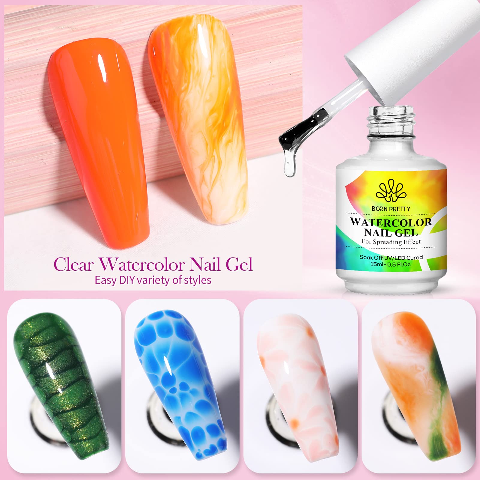Born Pretty Nail Blooming Gel degradados suaves con efecto acuarela.