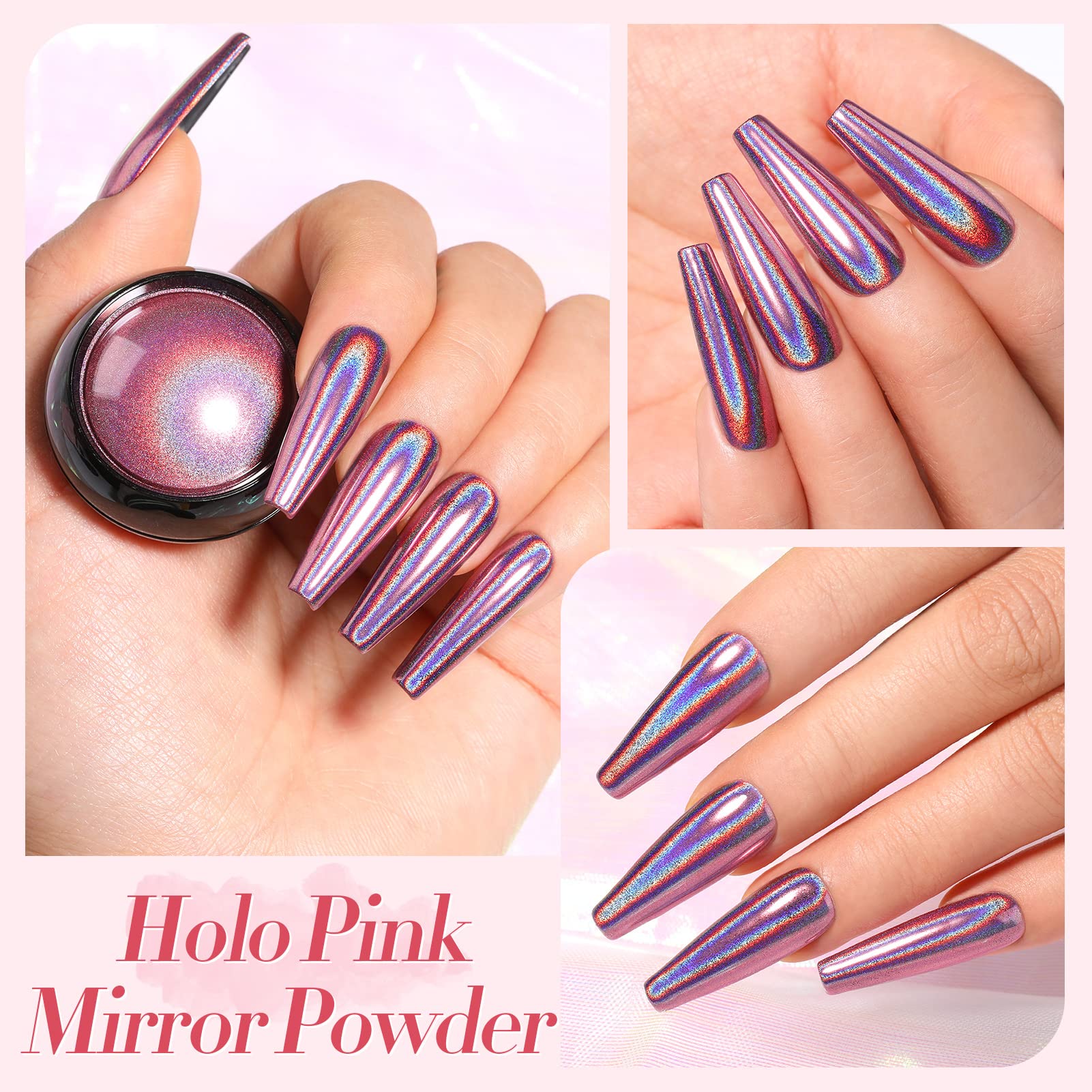 Born Pretty polvo hologografico rosa añade destellos iridiscentes