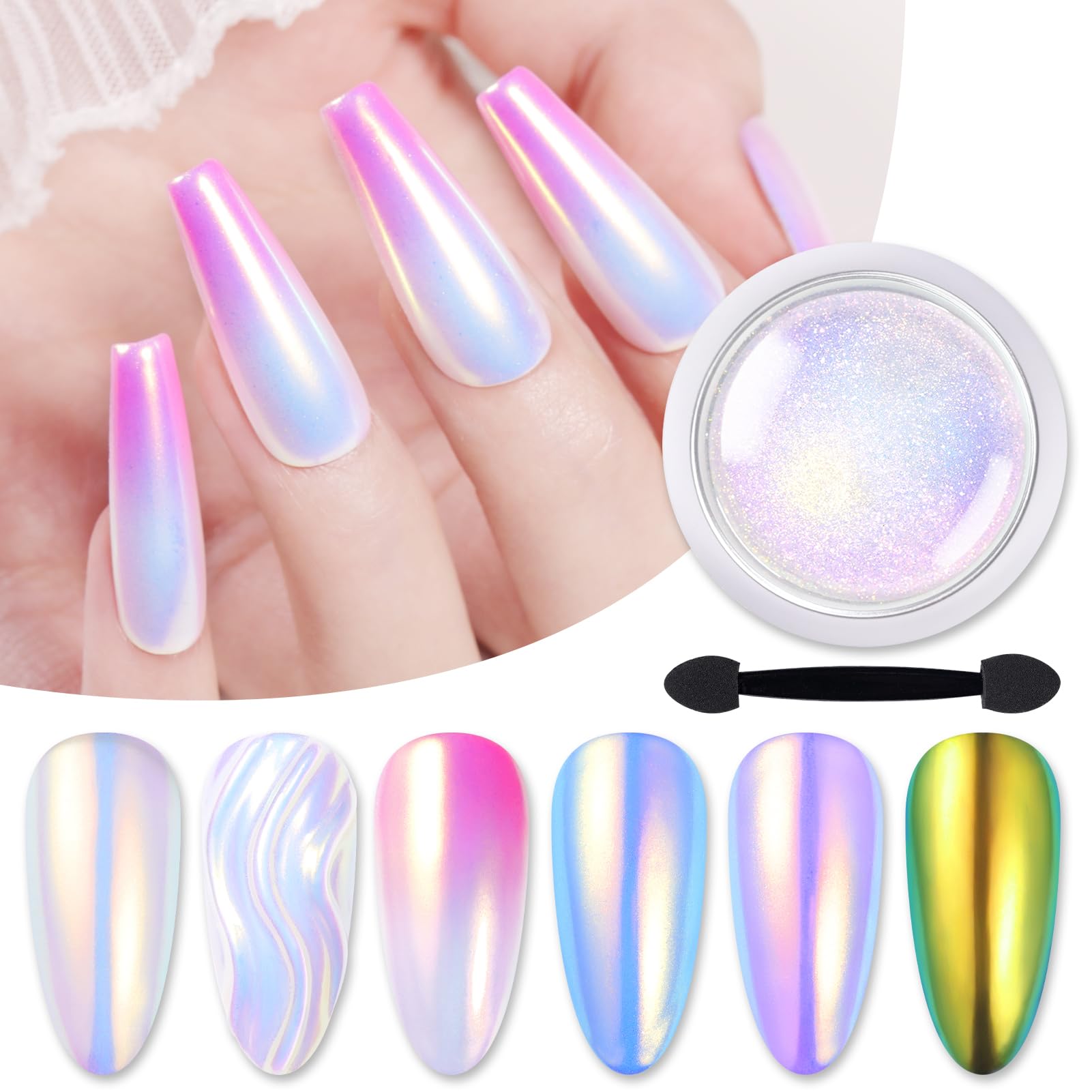 Polvo de uñas Born Pretty con efecto auroras perla sirena para acabado iridiscente.