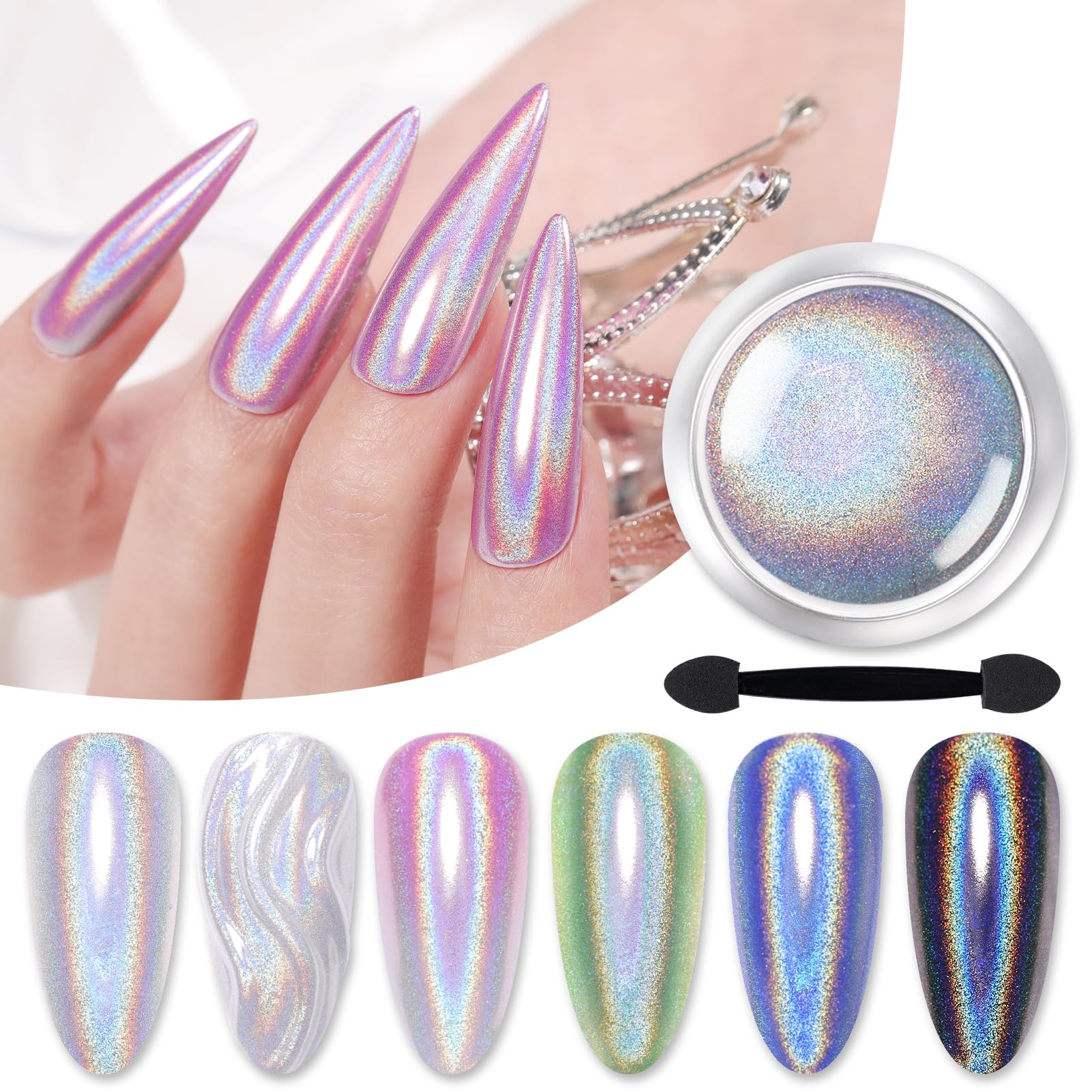 Born Pretty polvos hologográficos arcoiris para uñas, acabado deslumbrante.