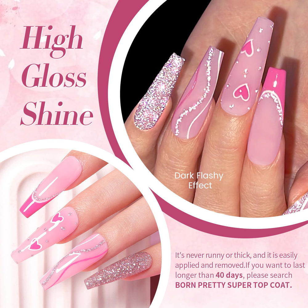 Born Pretty gel rosa con purpurina, efecto holográfico suave para uñas llamativas.