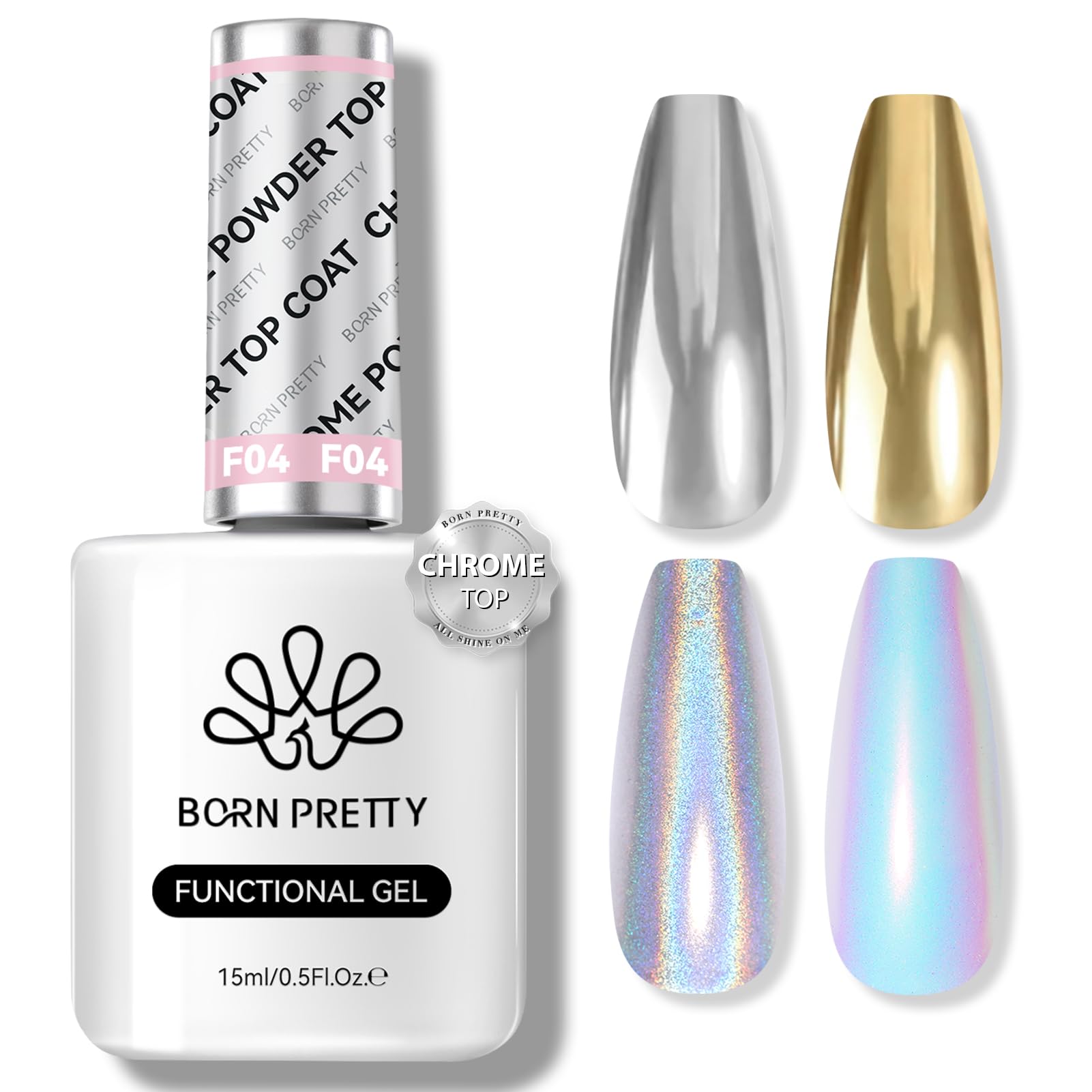 Born Pretty Top Gel para cromo con polvo brillo, acabado espejo en uñas.