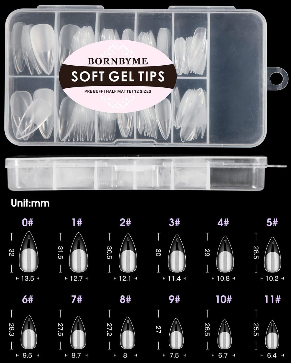 BORNBYME tallas visibles, 12 tallas para 120 piezas de tips gel soft