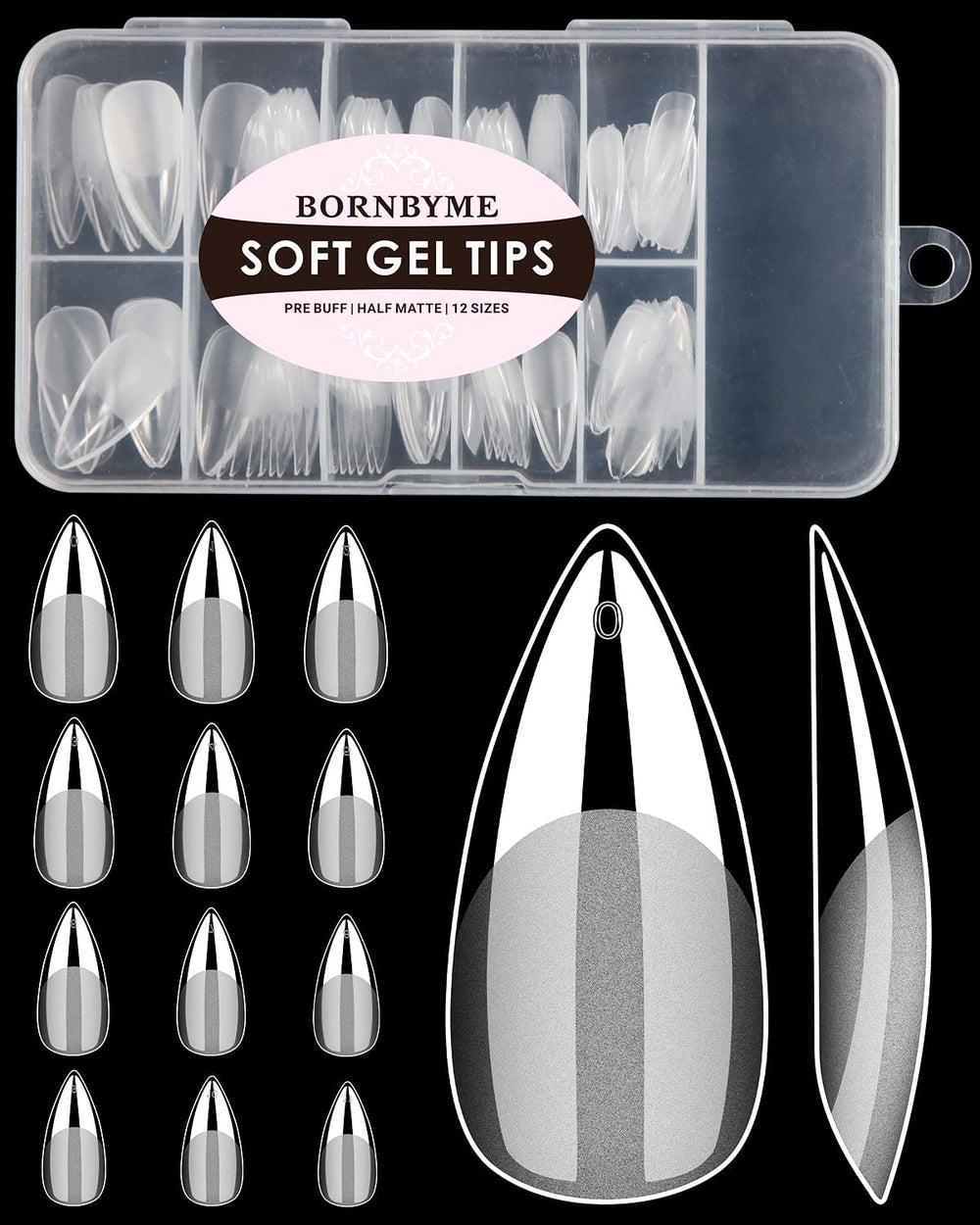 BORNBYME tips de uñas gel soft stiletto medio, vista completa y set de 120 piezas para extensión