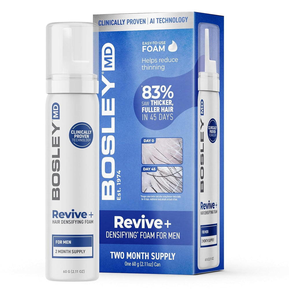 BosleyMD Revive densifying foam, botella visible, ayuda a mejorar la densidad capilar.