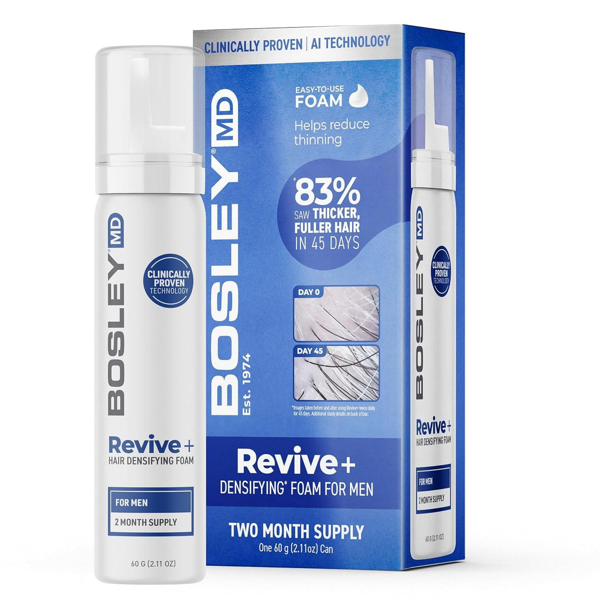 BosleyMD Revive densifying foam, botella visible, ayuda a mejorar la densidad capilar.