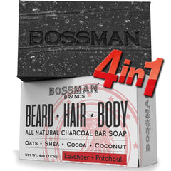 Barra Bossman con carbón activo para limpieza profunda sin resecar la piel.