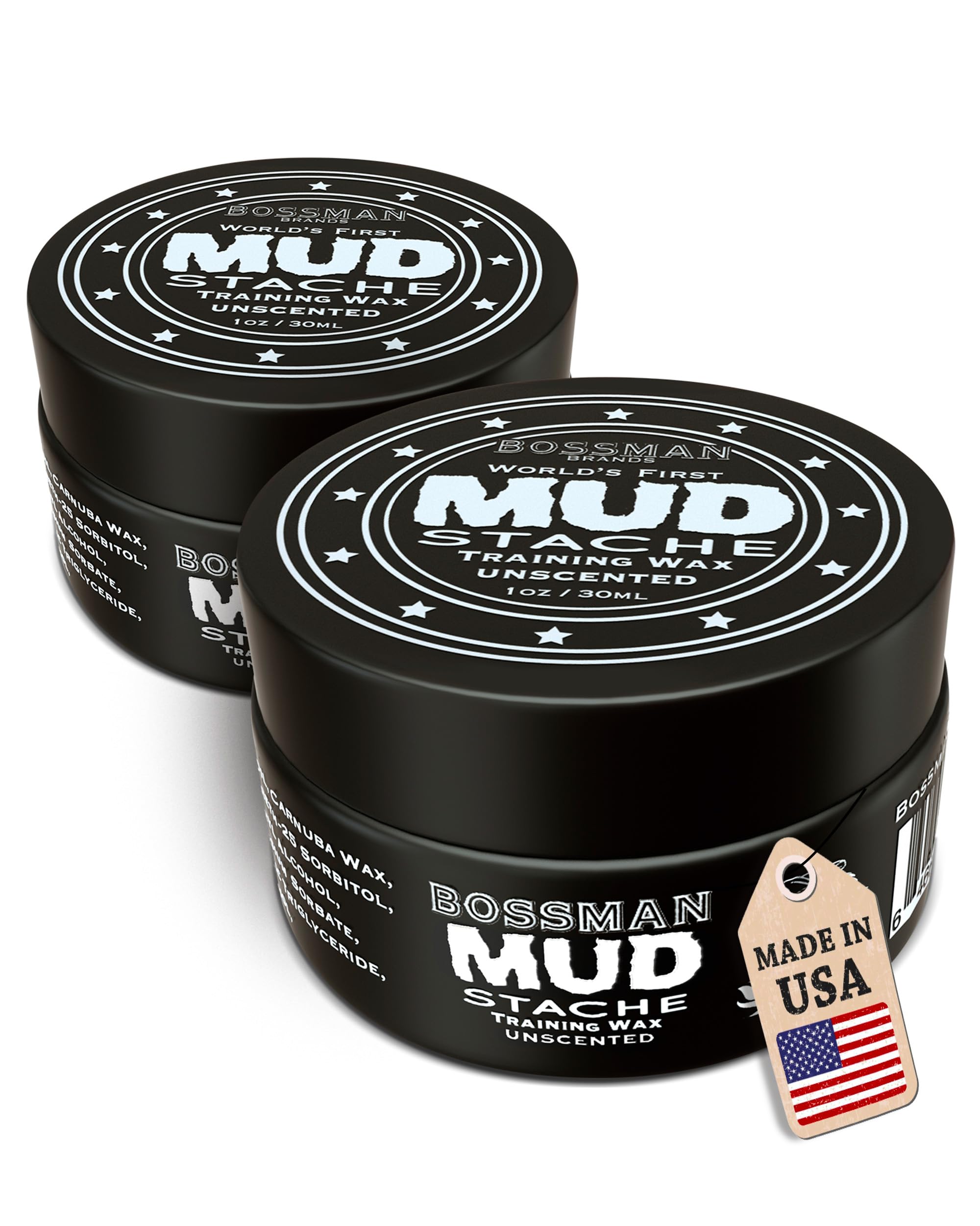 Bossman Mudstache envase 2 oz, fácil de tomar y guardar, para uso diario.