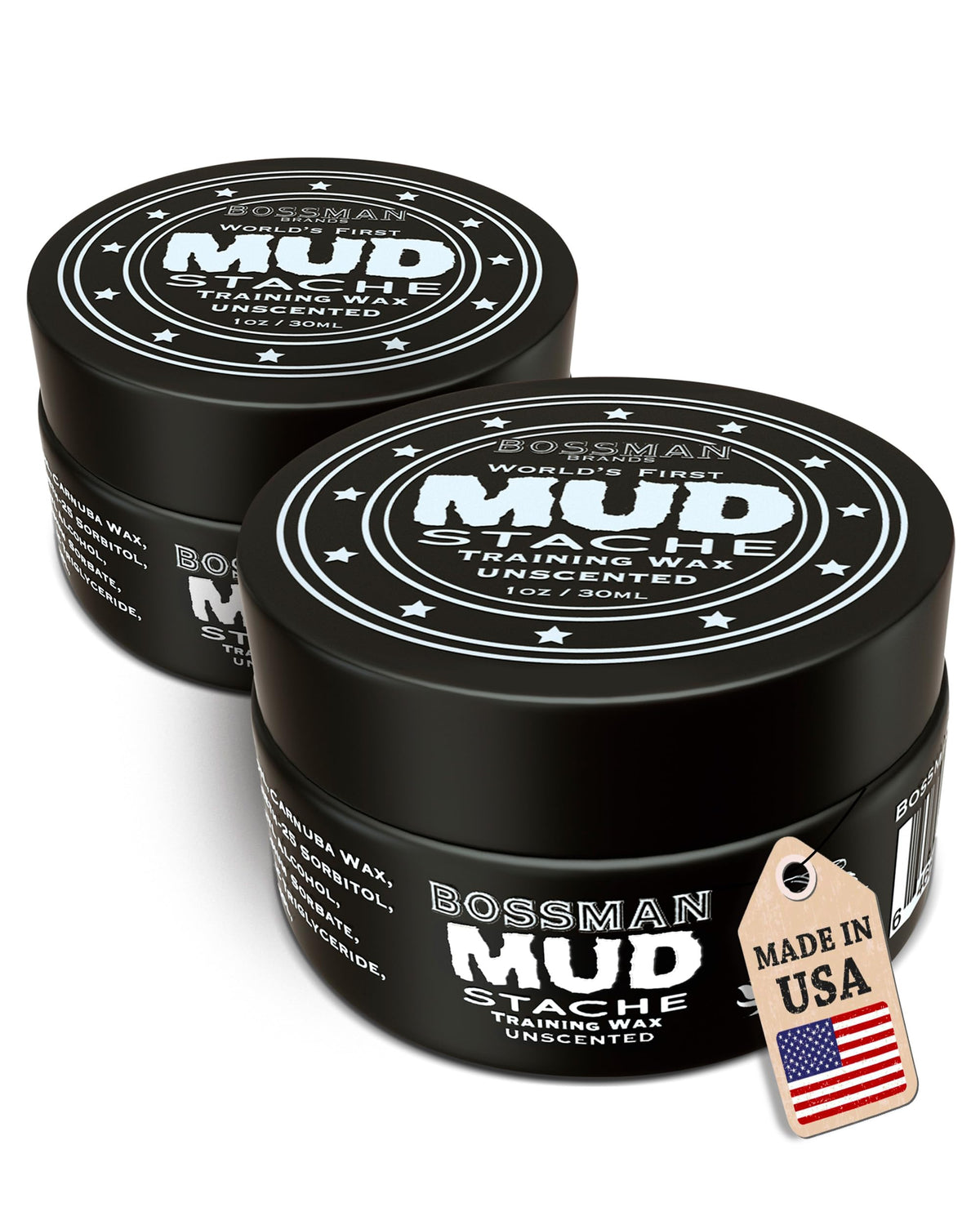 Bossman Mudstache envase 2 oz, fácil de tomar y guardar, para uso diario.