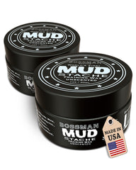 Bossman Mudstache envase 2 oz, fácil de tomar y guardar, para uso diario.