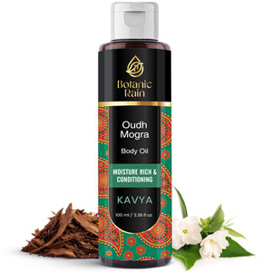 Botanic Rain Aceite Corporal Ayurveda Oud Mogra en botella para piel suave.