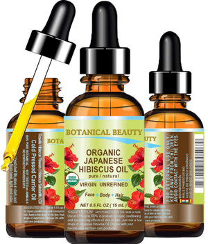 Botanical Beauty Aceite de Hibisco, frasco para cuidado facial y corporal, textura suave.