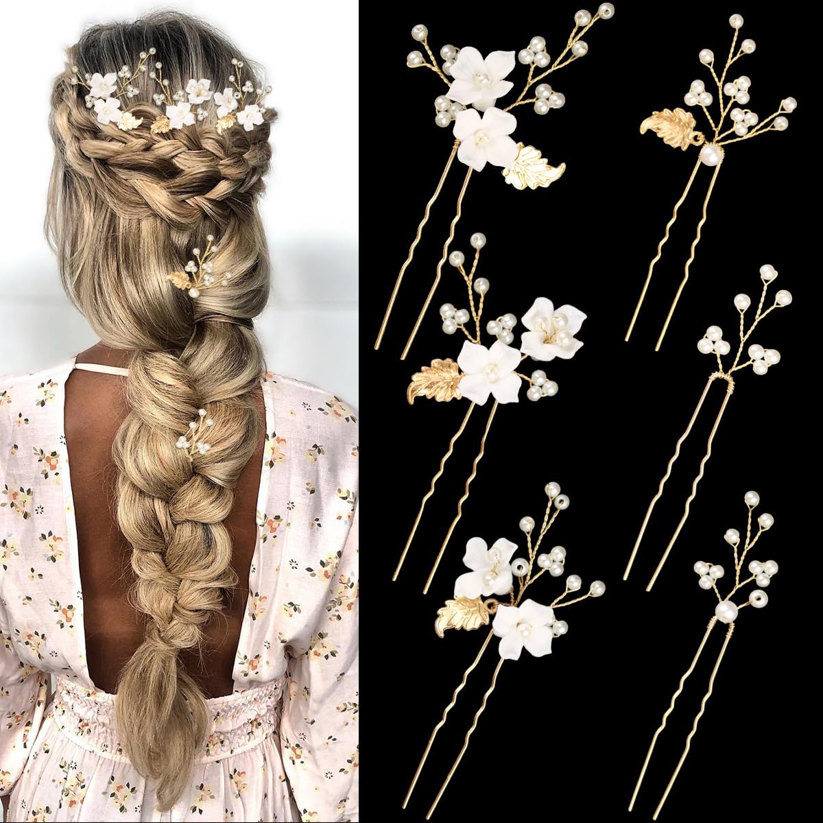 BOYIVI horquillas flor-perla-oro: elegancia para novias y madrinas.
