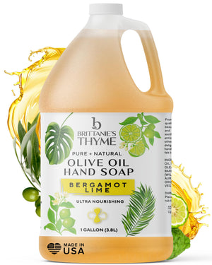 Brittanie's Thyme Bergamota Lima, botella vertida, aroma energizante para ducha diaria.