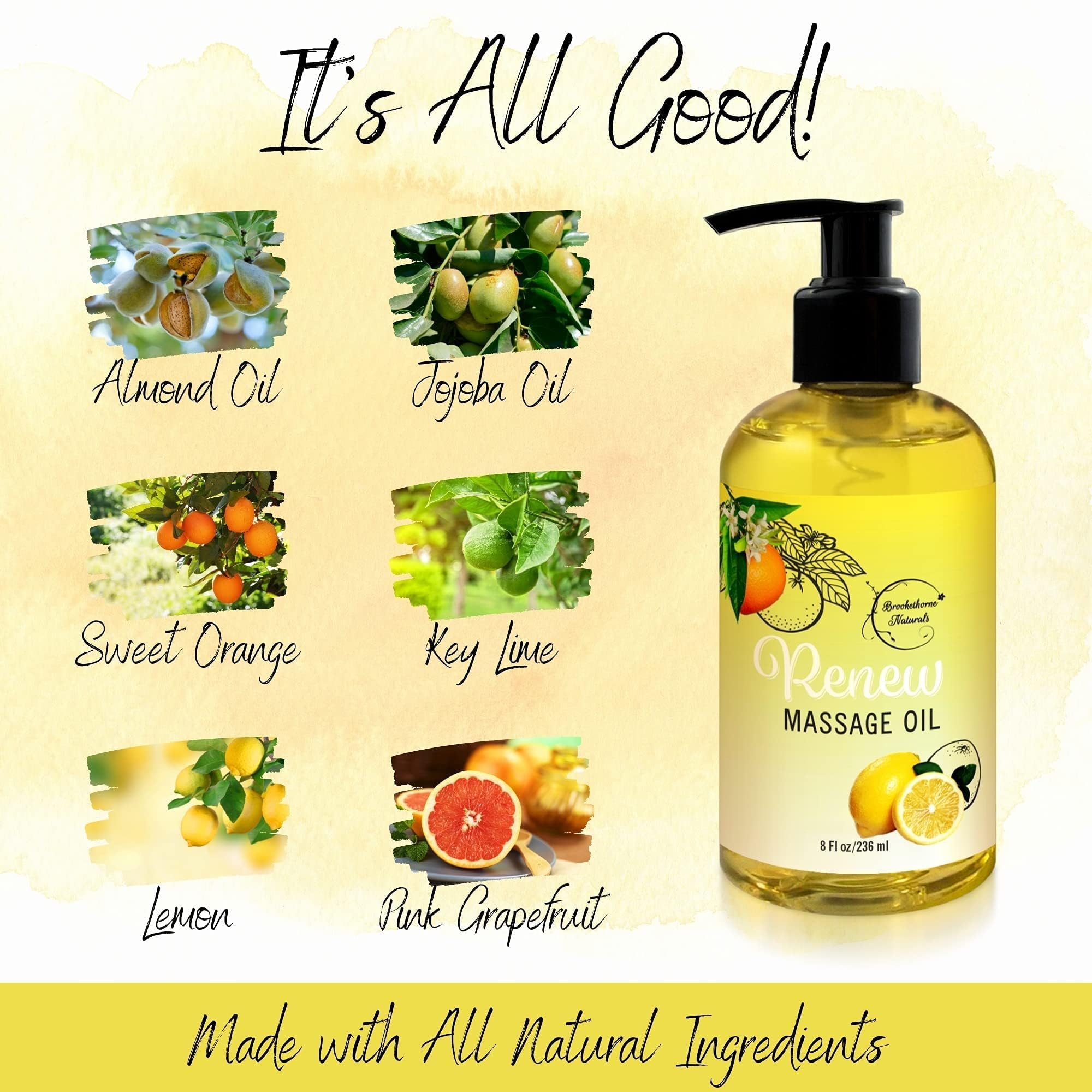 Brookethorne Naturals Renew, mezcla de aceites de almendra, uva y jojoba para piel suave.