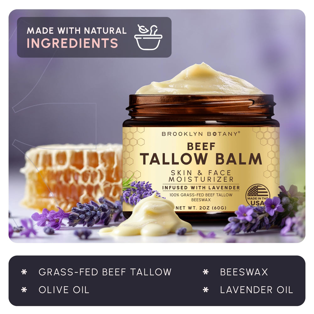 Ingredientes naturales del bálsamo: sebo de vaca y aceite de oliva de Brooklyn Botany.