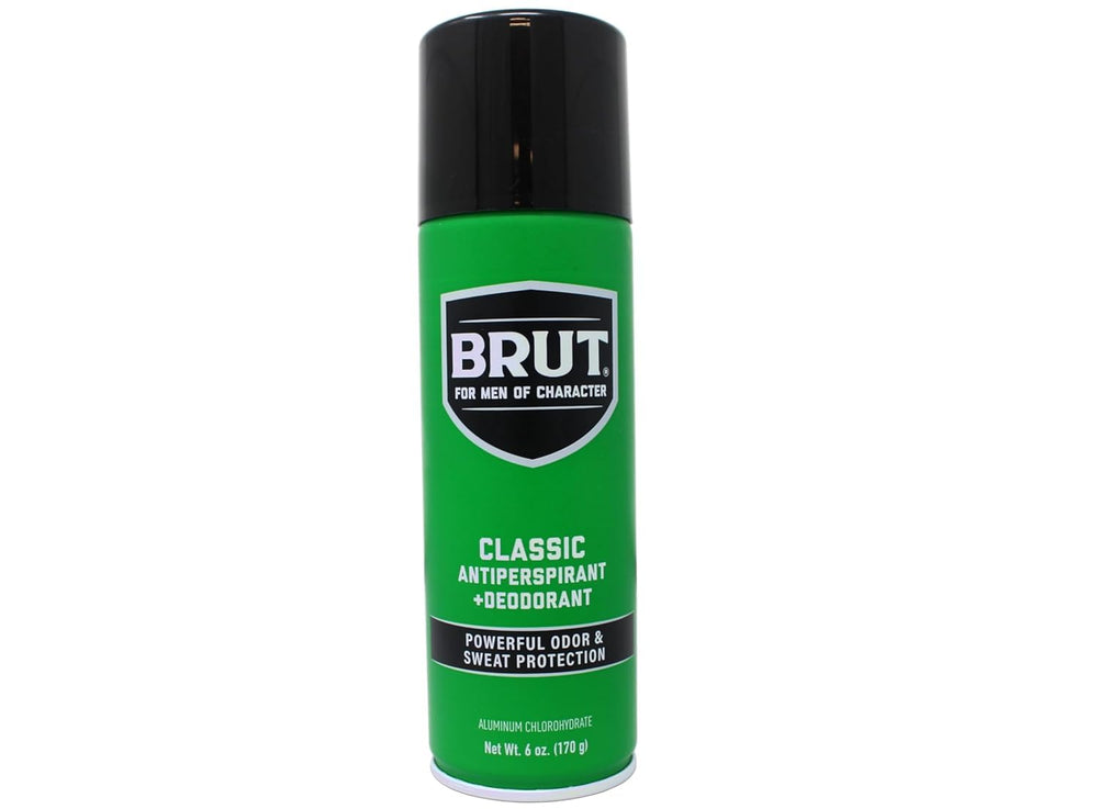 BRUT Classic desodorante en aerosol, lata elegante para protección duradera.