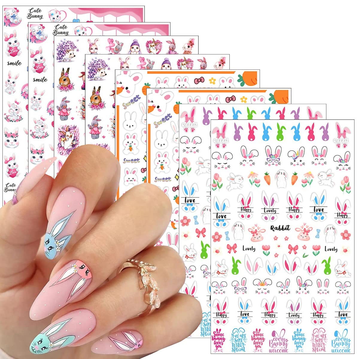 BSBTBZ pegatinas de uñas con conejos de Pascua en 3D para un look festivo