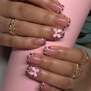 BSBTBZ uñas postizas leopardo francesas rosa brillo para uso diario