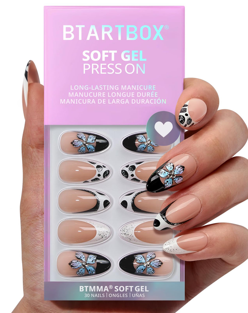 BTArtbox Bessie Bestie uñas 3D flor almendra frances, detalle elegante