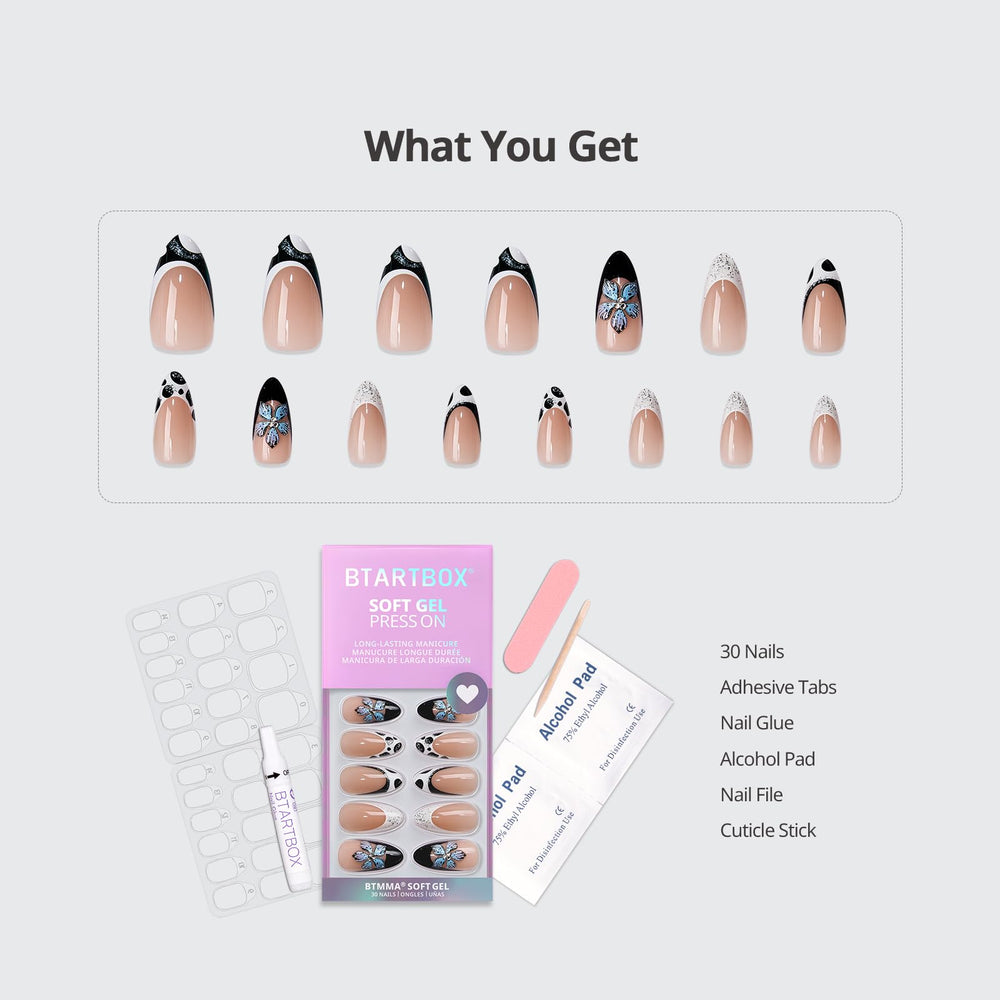 BTArtbox Bessie Bestie uñas Frances opacas negro y blanco, brillo