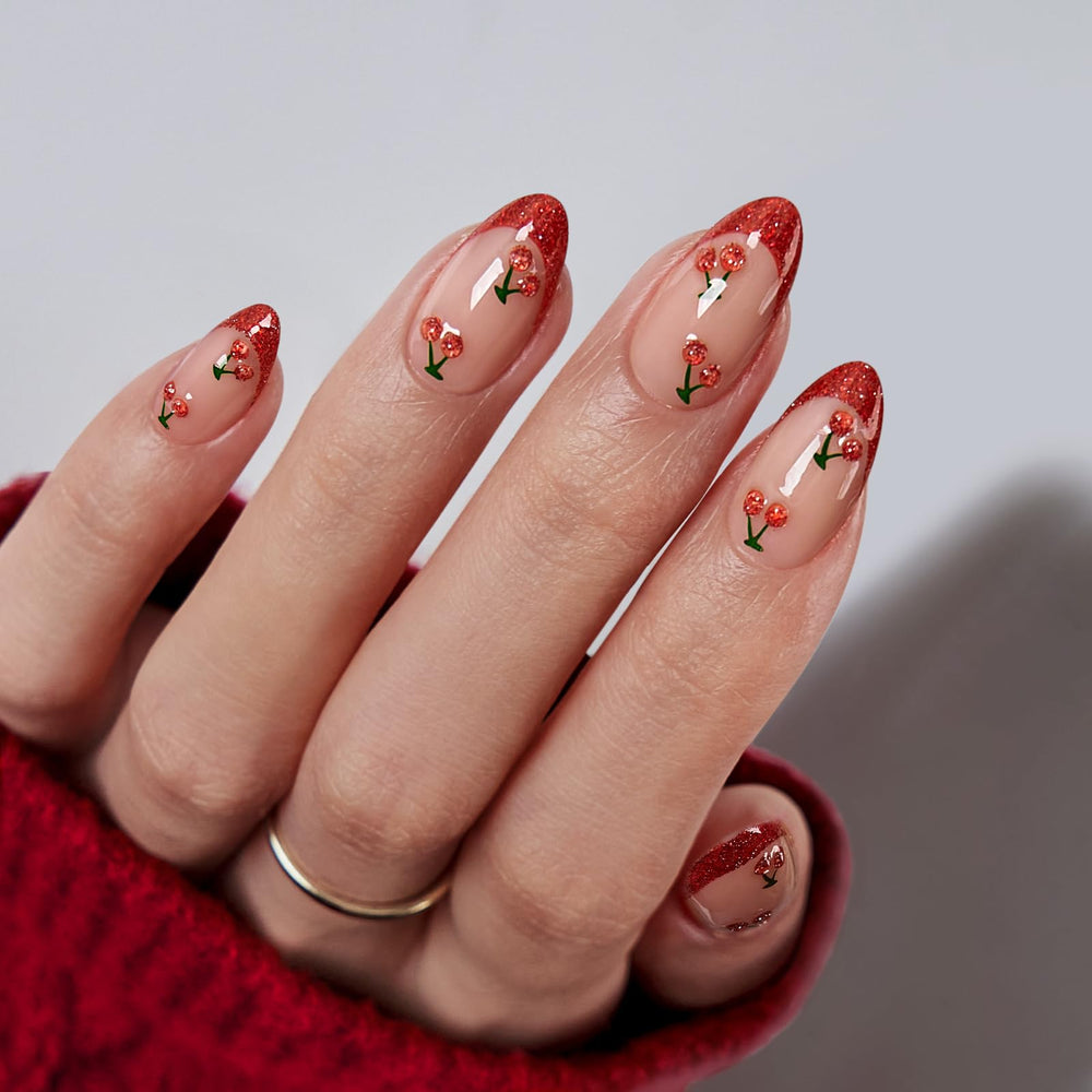 Uñas postizas BTArtbox almendra frances rojas con cereza, acabado suave y natural para uso diario.