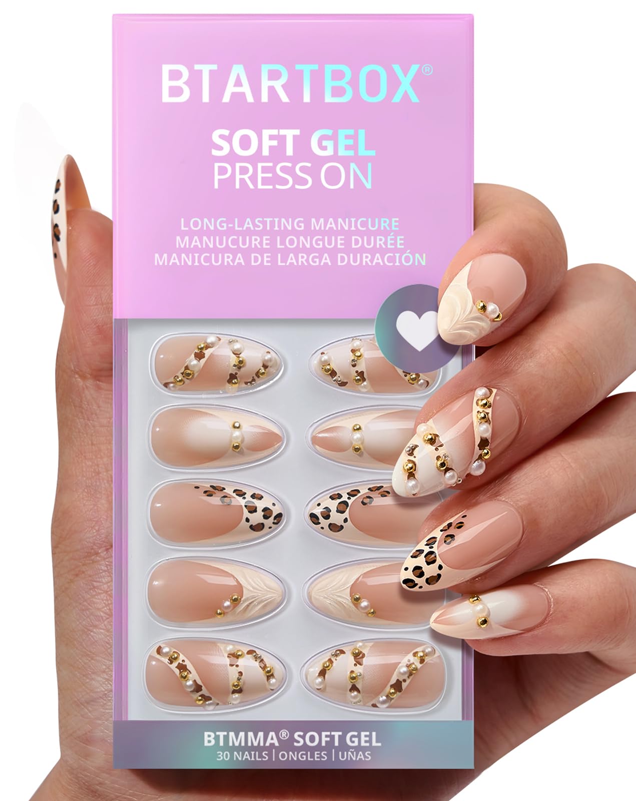 BTArtbox Uñas Almendra Leopardo 3D Pearl para un look sofisticado y duradero
